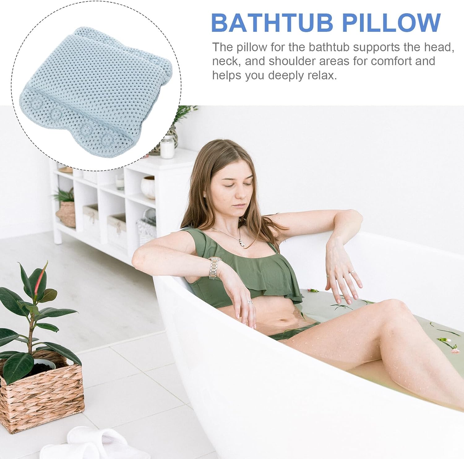 Cabilock PVC Foam Soaking Tub Pillow with Non-Slip Suction Cups, Supple Bathtub Head Rest Pad for Spa, Hotel, and Bathroom Use – Blue Small Bath Pillow for Comfortable Head Support