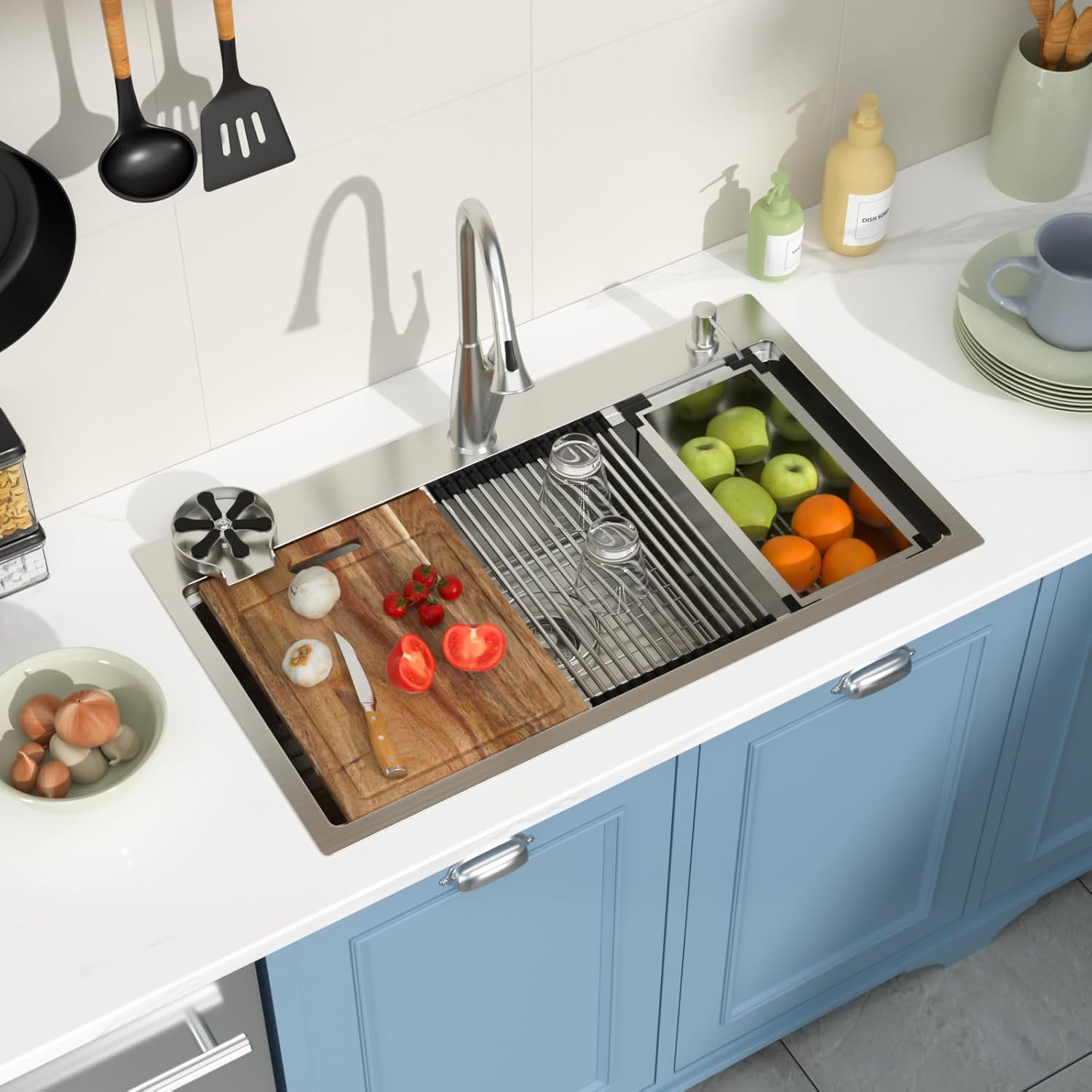 Drop in Kitchen Sink Workstation 33x19 Inch 16 Gauge Stainless Steel Handmade Topmount Kitchen Sink Single Bowl with Glass Rinser - 8 Inches Deep