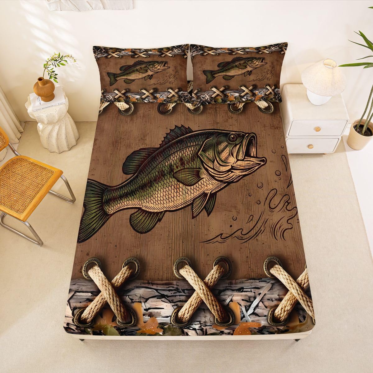 Feelyou Bass Fish Bed Sheets Set Full Size Lake Fishing Bed Set for Kids Boys Girls Brown Camouflage Deep Pocket Fitted Sheet Pike Fish Breathable Soft Lightweight Microfiber Fishing and Hunting