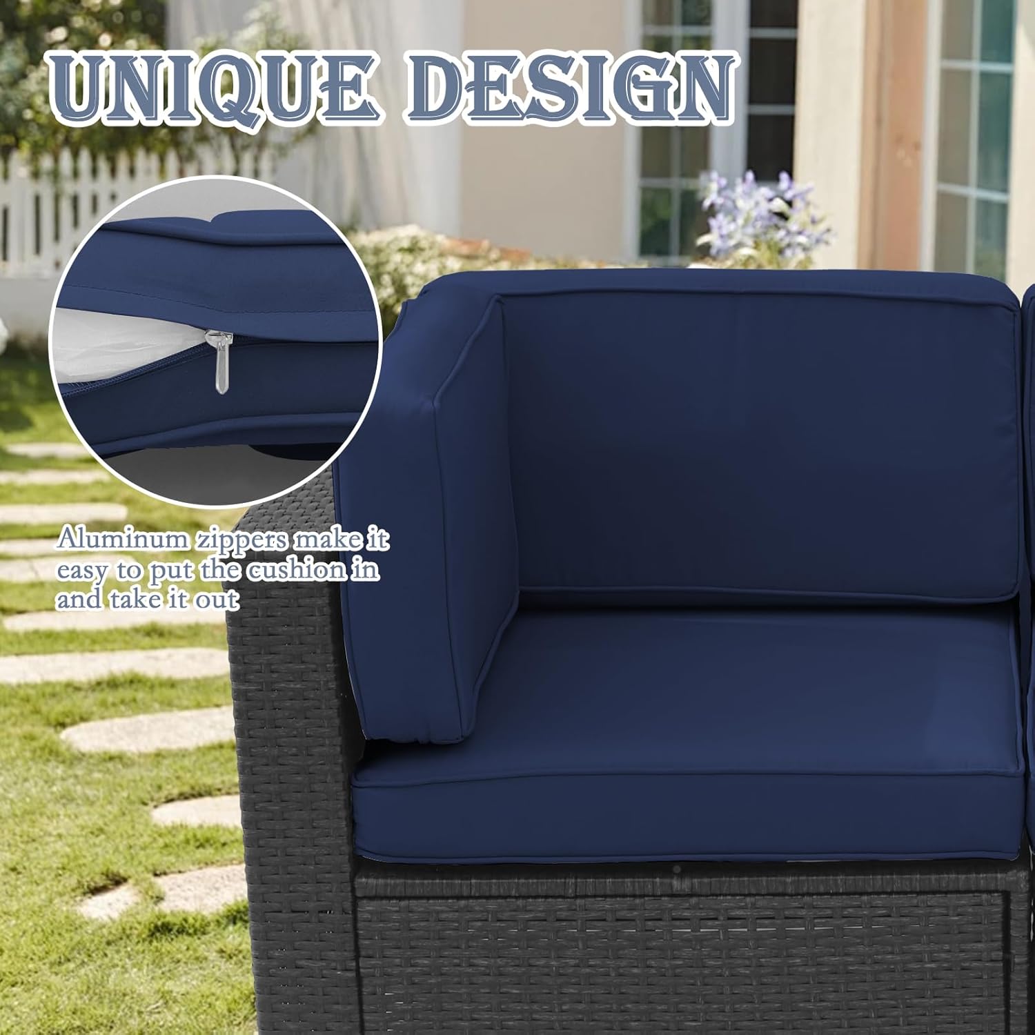 11 Piece Patio Cushion Covers Replacement Water&Fade Resistant Outdoor Sofa Slipcovers for Sectional Wicker Rattan Furniture，Deck&Porch Cushion Protector (Dark Blue, 25.6x25.6x3.94 Inches)