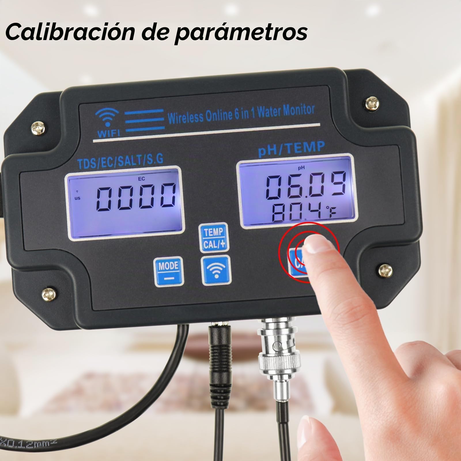 6 en 1 Multiparámetro Probador de pH: pH/EC/TDS/Sal/SG/Temperatura con Inalámbrico Wi-Fi Supervisión a través de Móvil APP Fácil 3 Puntos Calibración para Pez Estanques, Acuarios, Hidroponia