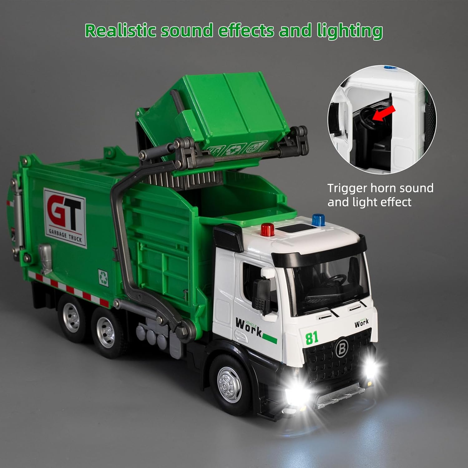 Garbage Truck Toys for Kids, Pull Back Big Green Car Toy with Lights and Sounds, Educational Trash Truck Toy Vehicle with 4 Trash Cans and Sorting Cards Gift for Kids