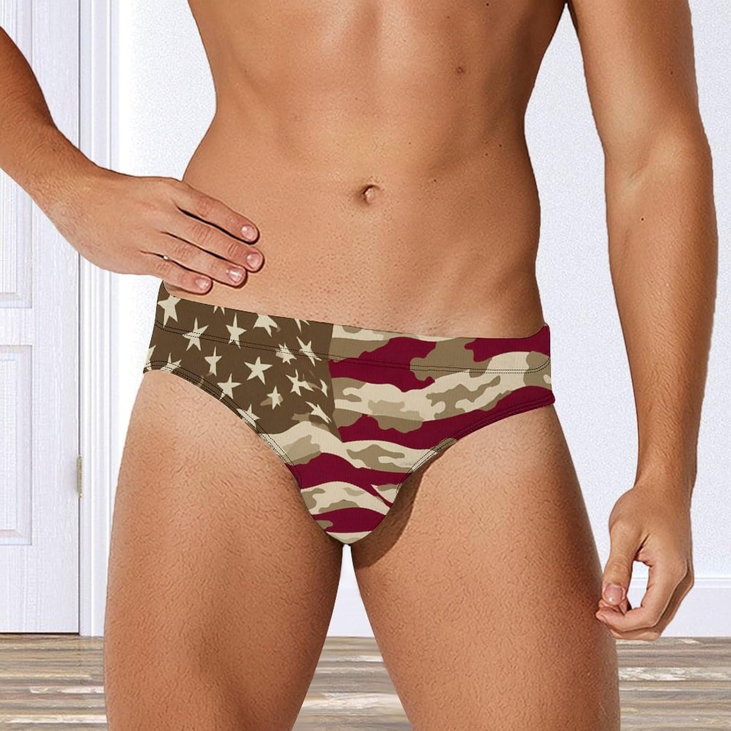 U.S Flag with Desert Camouflage Men's Swimsuit Brief Sexy Bikini Briefs Retro Printed Swimwear Quick Dry Swimming Trunks X-Large