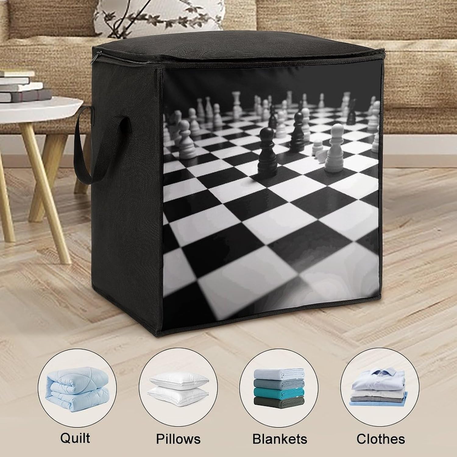 Black White Chess Checkerboard Storage Bags Moving Bags Storage Bins | Comforter Storage Bag Reinforced Handles & Zippers Foldable Closet Organizers and Storage for Blanket Pillow Clothes