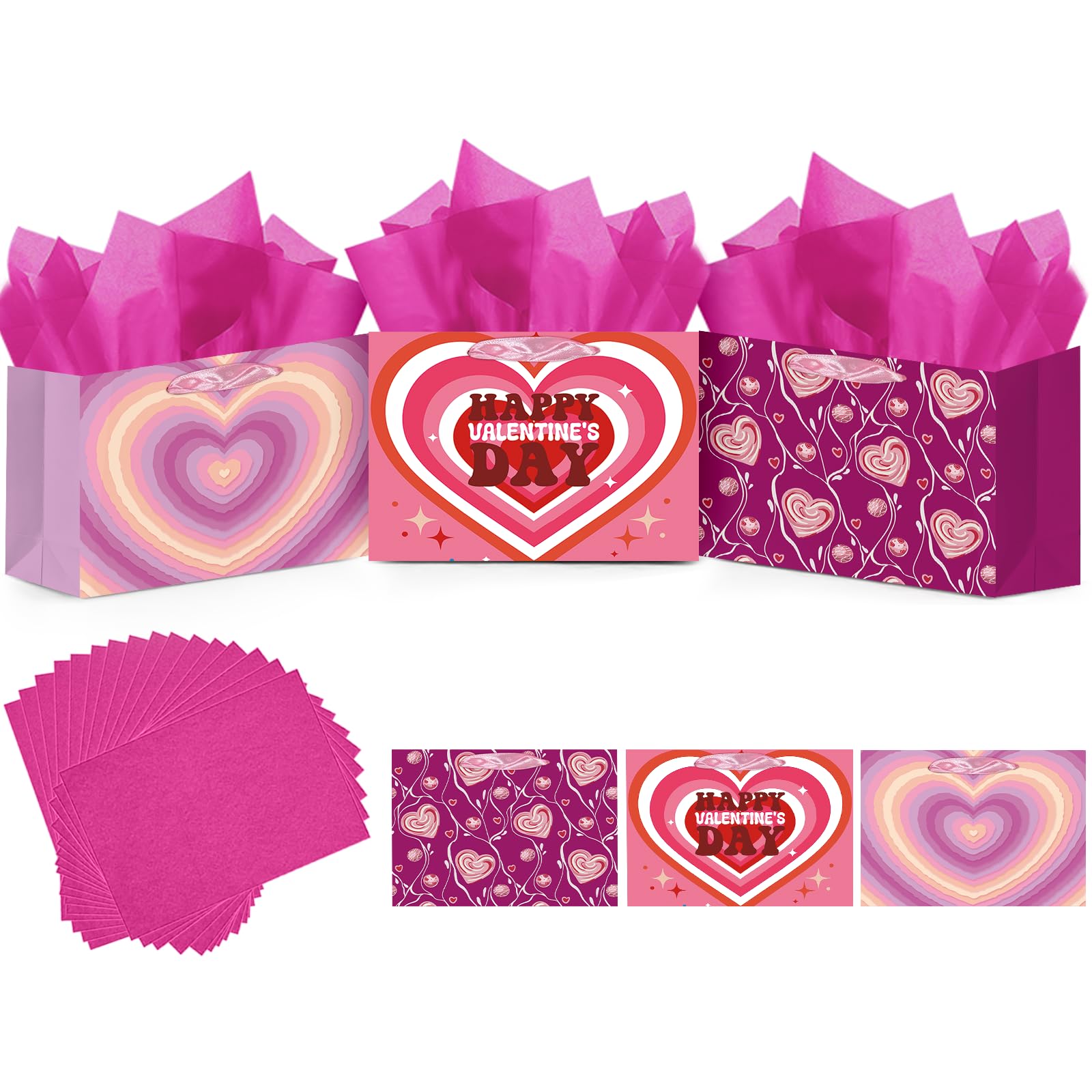 qiqee Heart Valentine Gift Bag with Tissue Paper Wide Medium Present Wrap Bags for Women Girlfriend Classroom Happy Valentine's Day (3 PCS Medium + Tissue Papers)