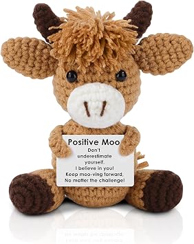 Handmade Brown Highland Cow Gifts for Women Scottish Highlander Cow, Positive Crochet Animals, Emotional Support Gift for Birthday Christmas, Ideal for Daily Encouragement & Decoration