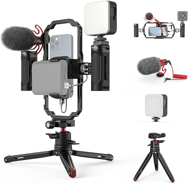 SMALLRIG Zestaw Video Rig do smartfona, uchwytu, klatki, zestawu wideo ze światłem wideo, mikrofonu i statywu ze stopu aluminium YouTube Vlog, mobilnych twórców wideo - 3384B