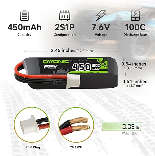 Miniatura 2 de OVONIC Batería Lipo 2S 450mAh 7.4V 100C Batería de alto voltaje con enchufe BT3.0 para RC Car Truck RC Vehículos RC Barco Drone RC Avión Quadcopter