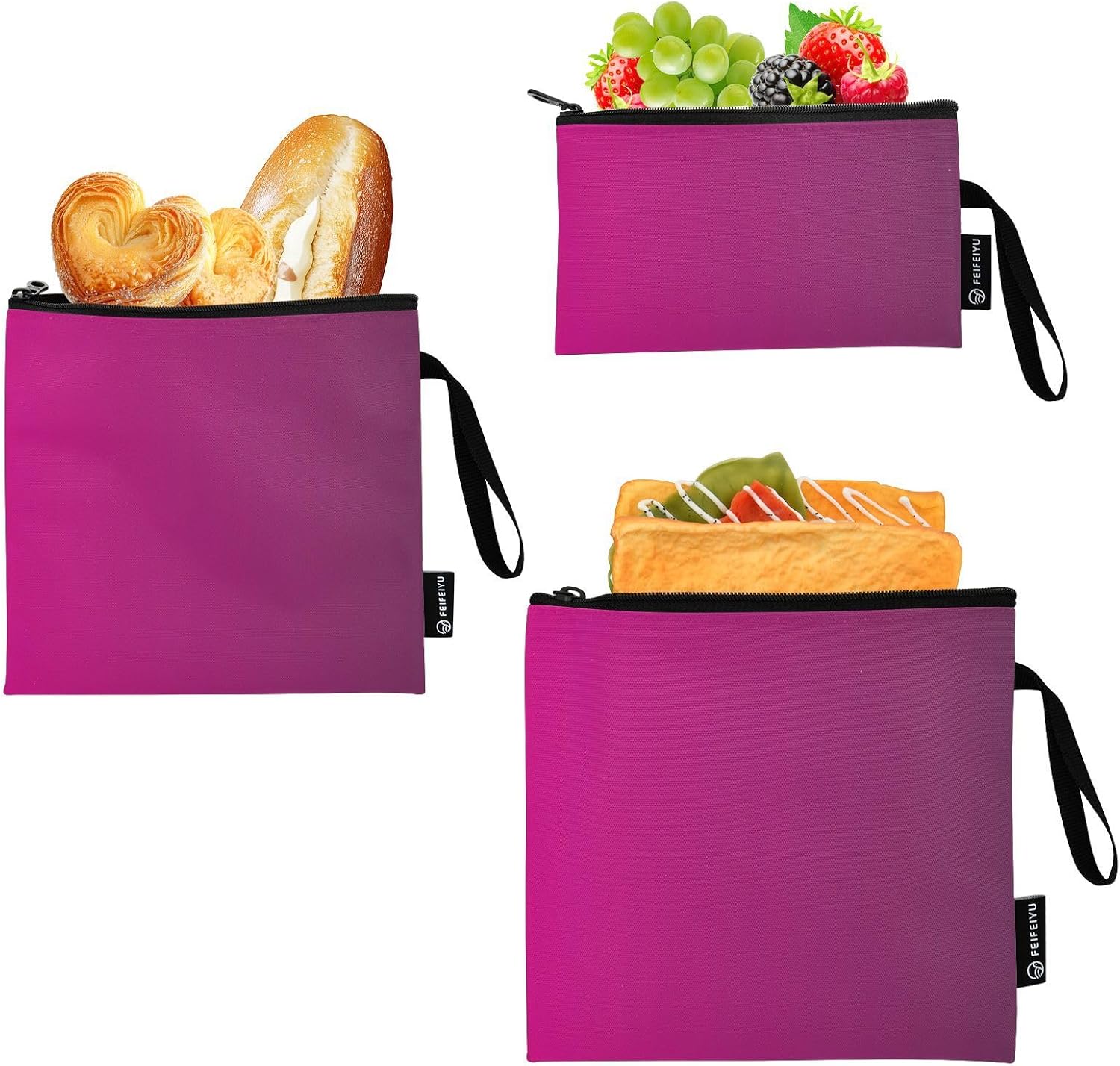 ODAWA Rose Red Gradient Reusable Snack Bag 3 Pack Leak Proof Reusable Freezer Bags Lunch Pouch for Salad Fruit Travel