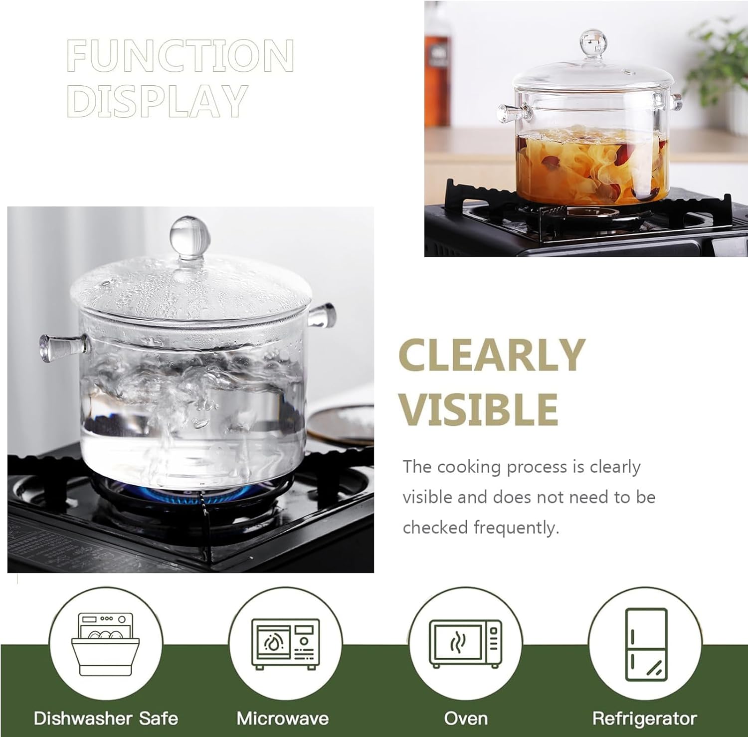 Glass Ribbed Cooking Pot with Lid Heat Resistant Borosilicate Glass Cookware Stovetop Pot Set - Simmer Pot with Cover Safe for Soup, Milk, Baby Food(1.6L）