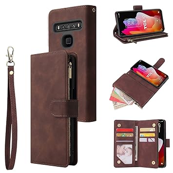 LOWPZNVE Wallet Case for TCL 10L,TCL 10 Lite Case,Leather Handbag Zipper Pocket Card Holder Slots Wrist Strap Flip Protective Phone Cover for TCL 10L /TCL 10 Lite (Coffee)