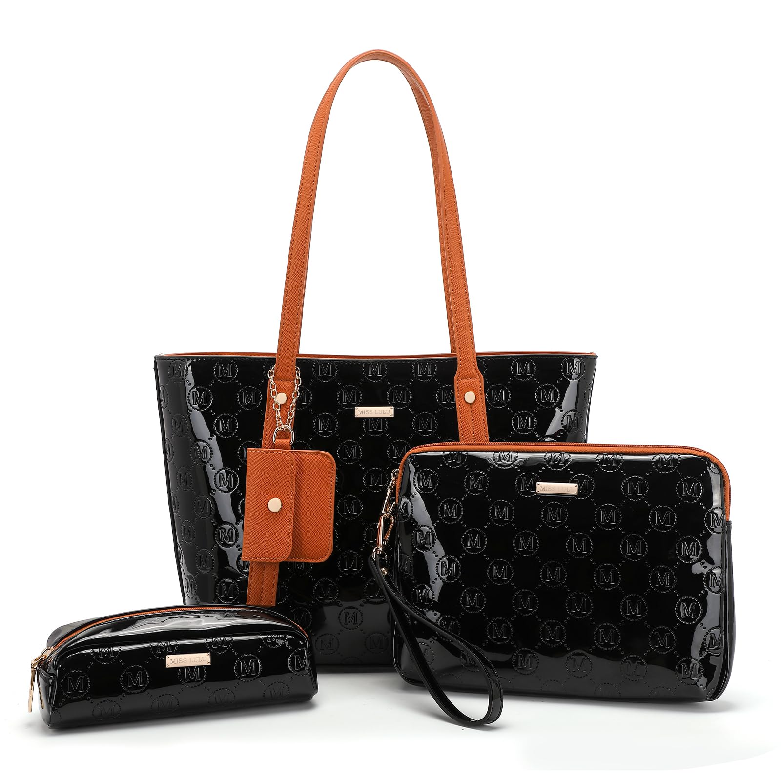 Miss Lulu Handbags for Women Tote Bag PU Leather Shoulder Bag 3Pcs Bag (Black&Brown)