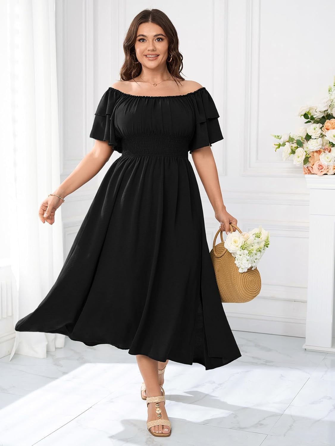 Plus Size Maxi Dress Off The Shoulder Ruffle Smocked Wedding Guest Cocktail Slit Hem Flowy Dresses for Curvy Women - Image 6