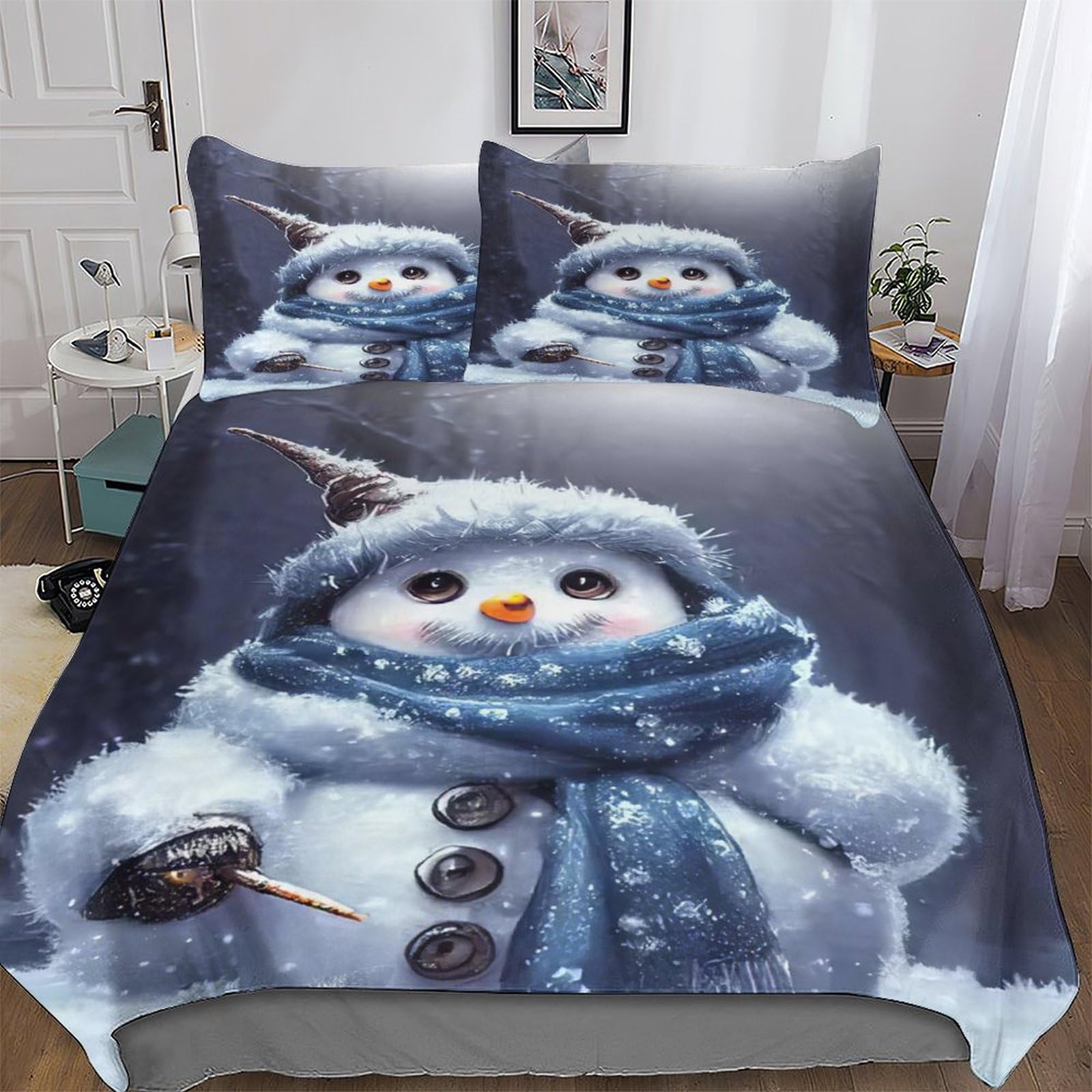 Linge de lit Bonhomme de Neige 3D pour chambre d'hiver et décoration de lit King 220x240cm