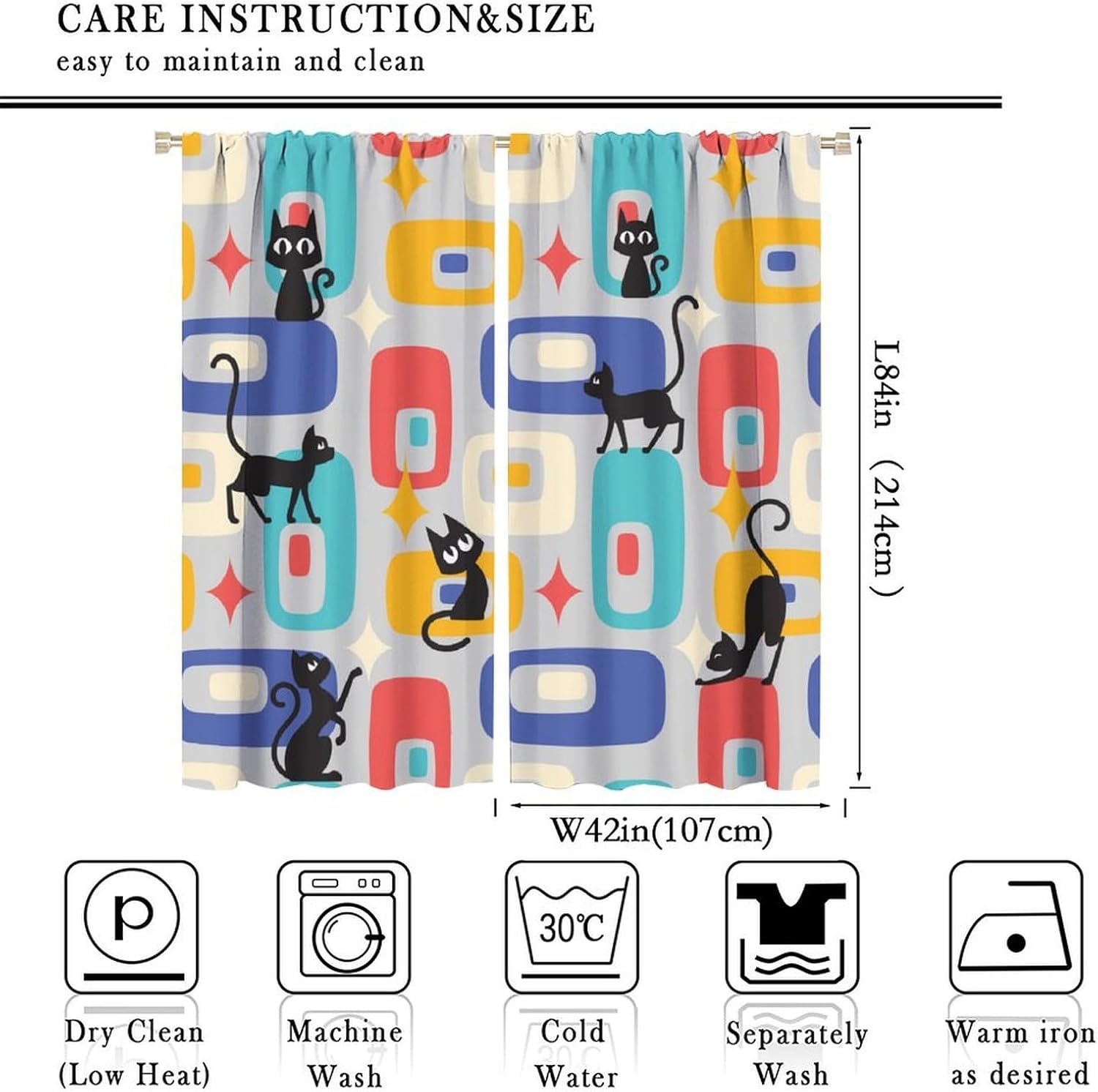 Mid Century Black Cat Curtains, Modern Atomic Starburst Abstract Geometric Pattern Window Treatments for Bedroom Living Room Retro Vintage Blackout Drapes 2 Panel Sets,84x84 Inch