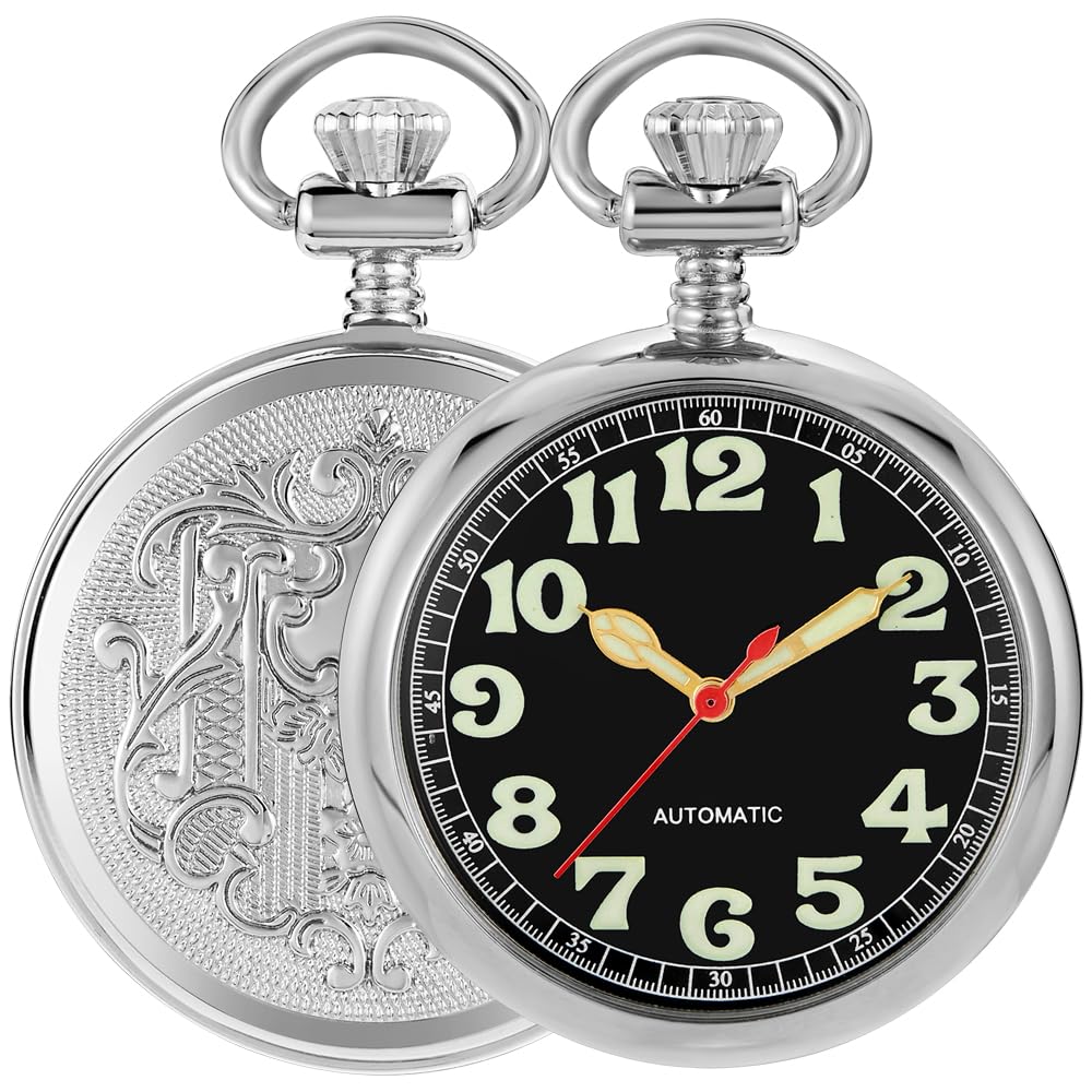 TiongStainless Steel No Cover Men's Mechanical Pocket Watch Luminous Dial Mechanical Pocket Watches Gift for Men with Chain