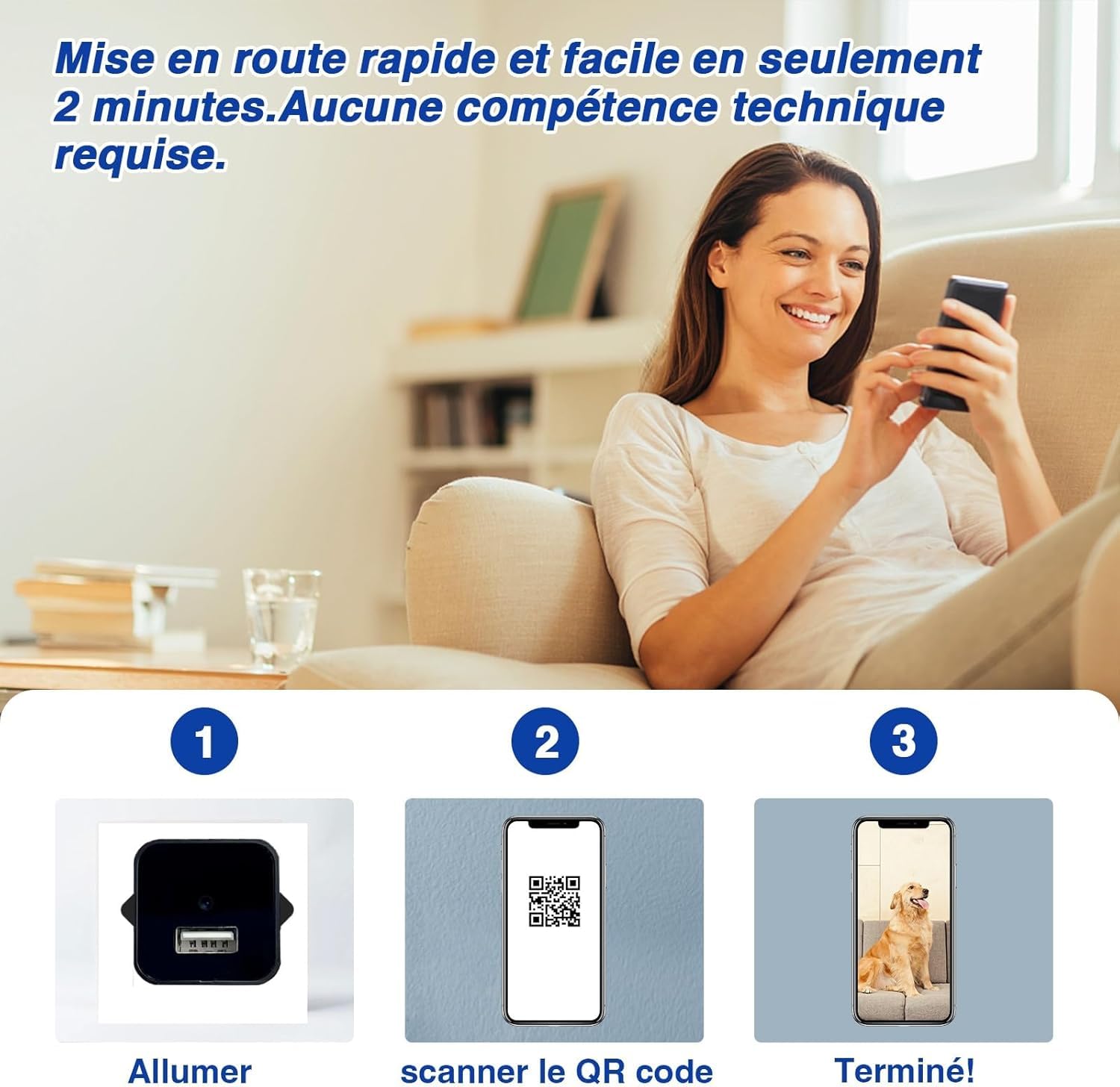 2K Ultra HD WiFi Caméra, Vidéo en direct sur le téléphone, Détection de Mouvement Intérieur de Surveillance Camera, Alarme sur Téléphone Portable, Emplacement Carte MicroSD (pas de vision nocturne)