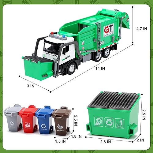 Miniatura 7 de HOLYFUN Camión de basura de juguete con sonido y luz, camión de fricción con 5 botes de basura, auto de empuje y marcha atrás, para niños