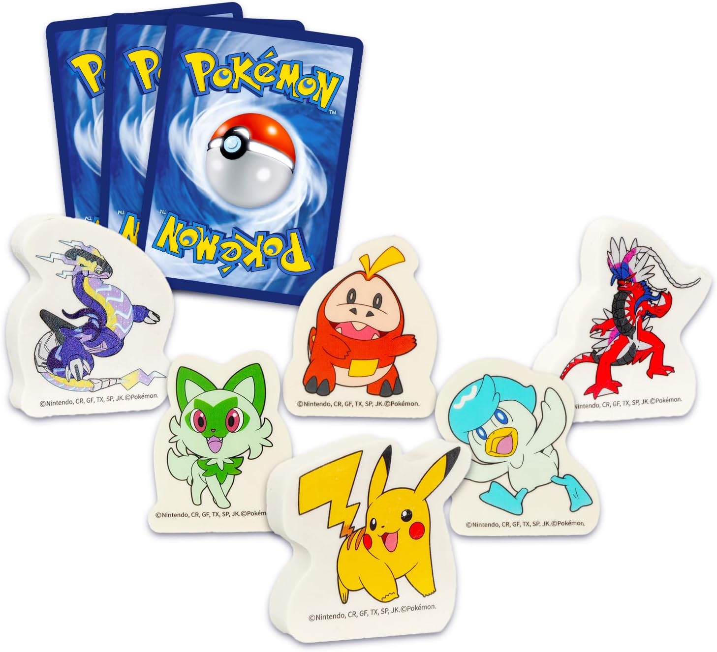 Pokemon Erasers for Boys Set - Bundle 6 Erasers Featuring Pikachu, Quaxly, More Plus Common Cards | Pokemon Stocking Stuffers for Kids, Boys, Girls