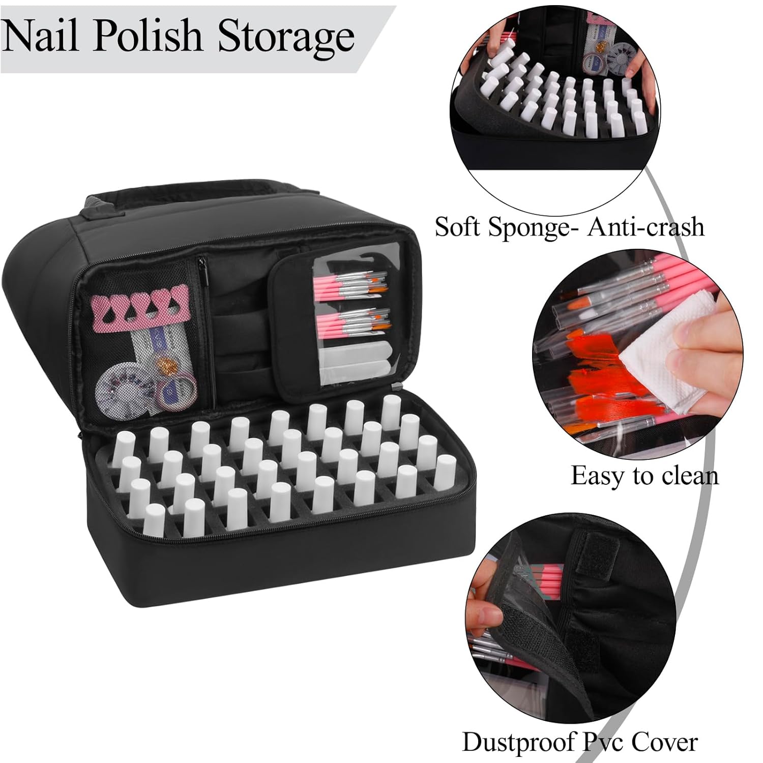 Nail Polish Organizer Holds 32 Bottles Nail Polish & Nail Lamp, Nail Organizers and Storage for Nail Stuff, Double Layer Nail Bag Organizer Case with Portable Handle for Travel