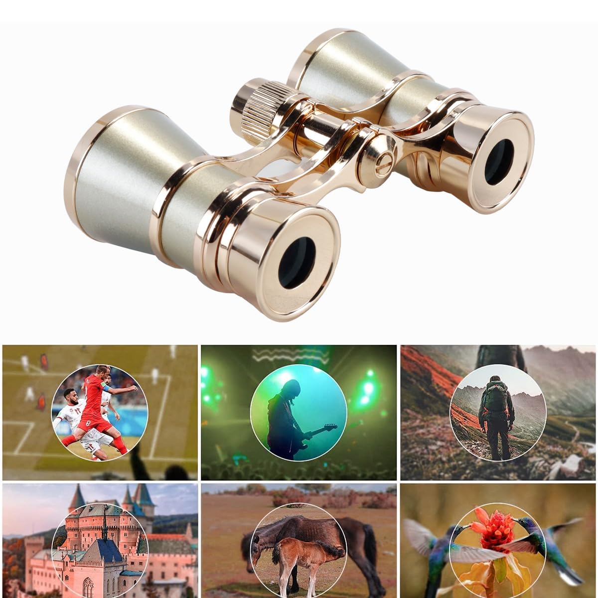 Fernglas, Opernglas, Vollmetall, Handfernglas mit Kette, Champagnerfarbe, 3-fache Vergrößerung, 25 mm Objektivlinse, optische Glaslinsen