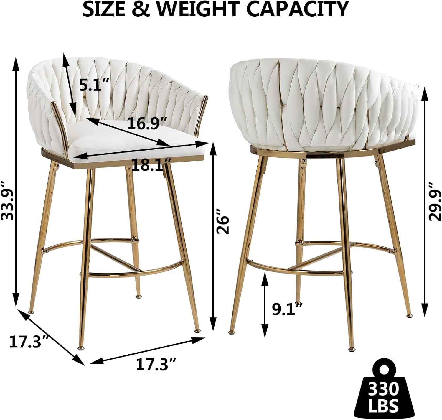 Betoko 26" Velvet Bar Stools Set of 4,Hand Woven Counter Height Barstools,Modern Kitchen Island Stool Dining Chairs,Swoop Arm Counter Chairs with Golden Chrome Legs (Beige, 2 Pair)