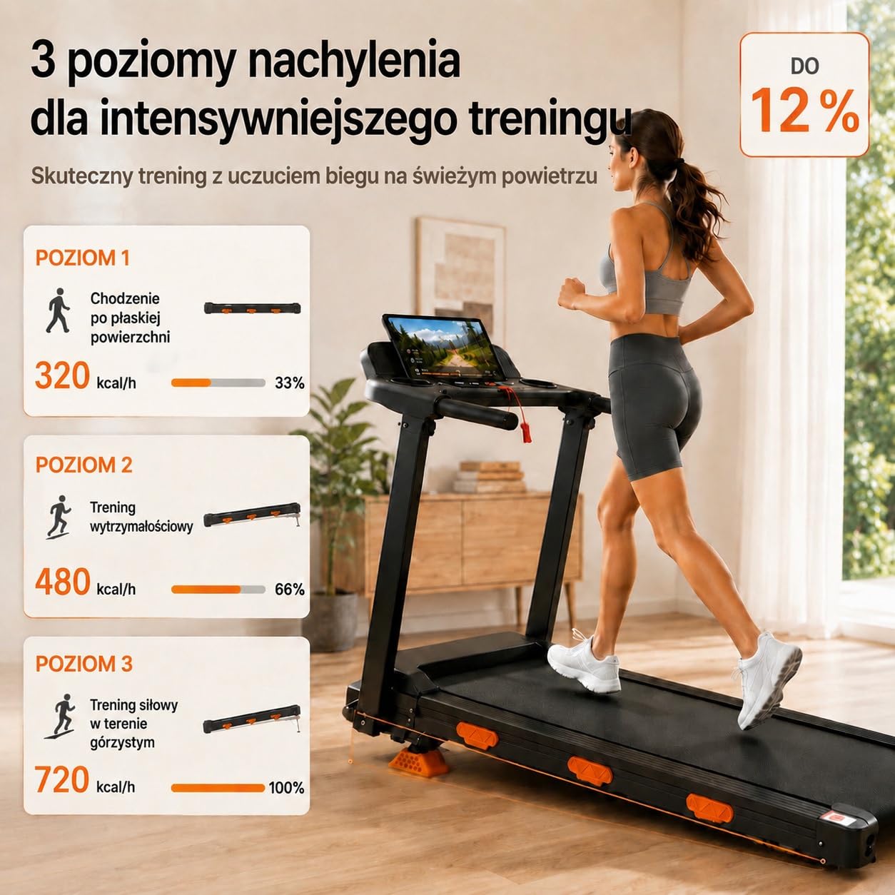 składana bieżnia do domu, Walking Pad 12 km/h z nachyleniem 12%, silnik 3.0 HP, wyświetlacz LED, do 138 kg, do chodzenia, joggingu i biegania