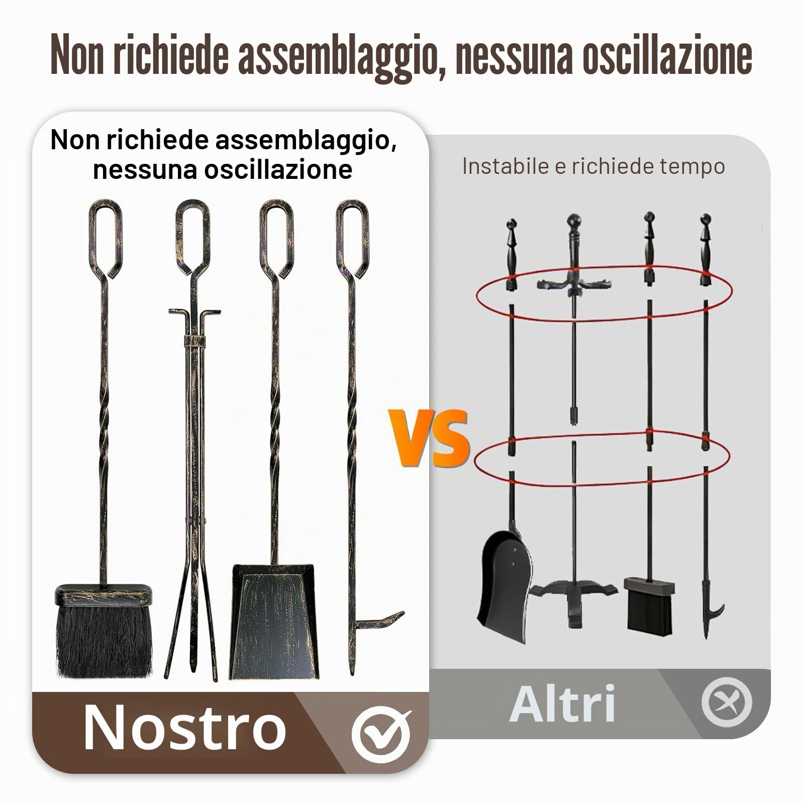 Amagabeli Set di 5 Attrezzi per Camino Set da Camino in Ferro battuto con pinze da Poker Porta Scopa e Pala Utensili da Fuoco Accessorio Rustico da Esterno Oro Nero
