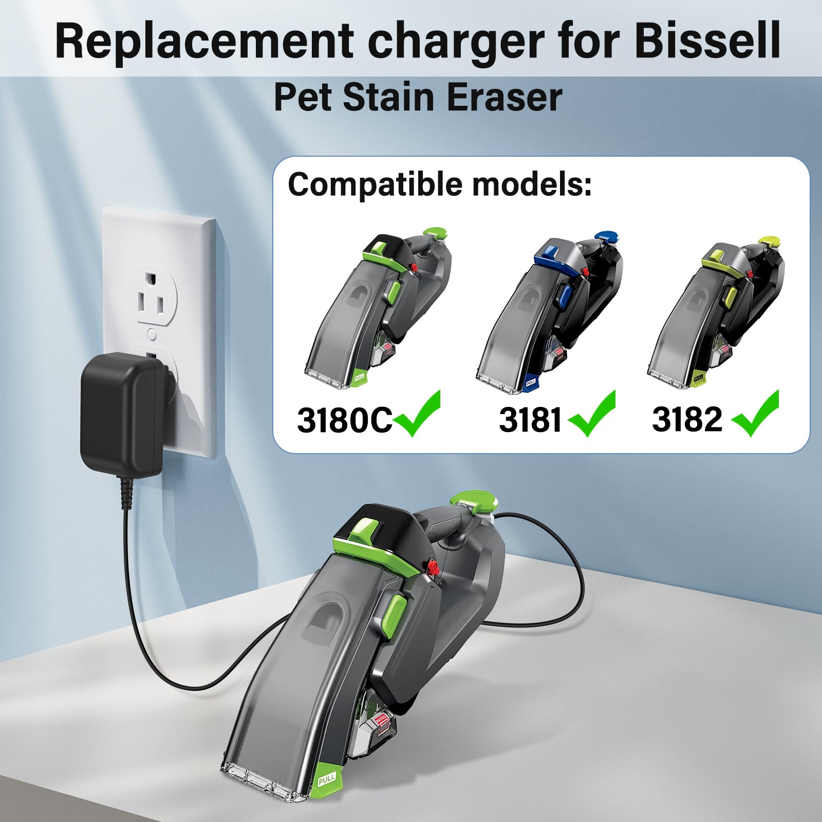 HIENADTOR 10V for Bissell 3182 3180 Charger Power Cord for Bissell Pet Stain Eraser 3180 3180C 3181 3182 Vacuum Cleaner, Power Adapter Charging Plug for Bissell Pet Stain Eraser 3182 with UL 6FT