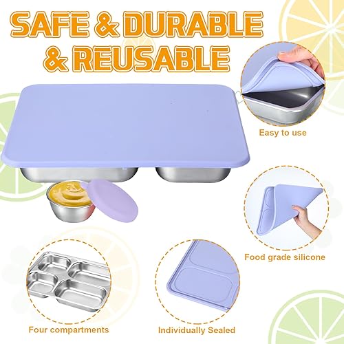 Miniatura 3 de Layhit Juego de 6 cajas de almuerzo de acero inoxidable y recipientes de inmersión para niños, 3 piezas, 4 compartimentos, caja Bento de metal a