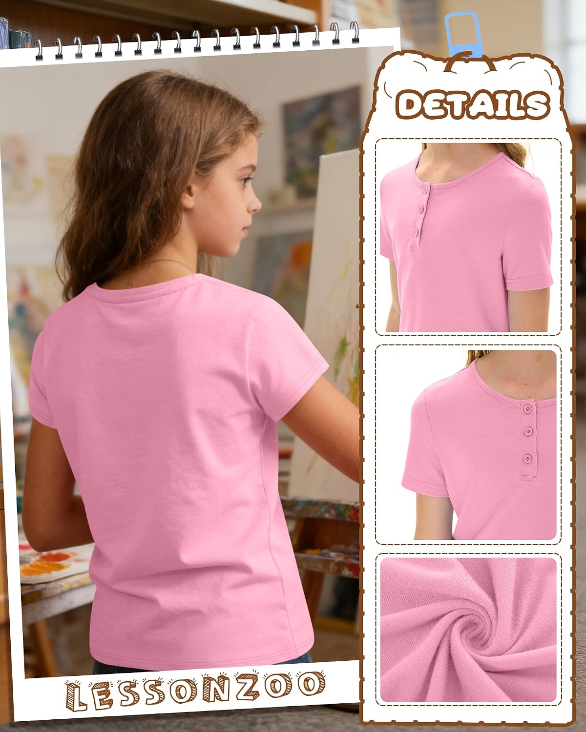 4 Pack Girls' T-Shirts Henley Short Sleeve Tops 5-14 Years Kids Crew Neck Casual Tees Loose School Summer Clothes