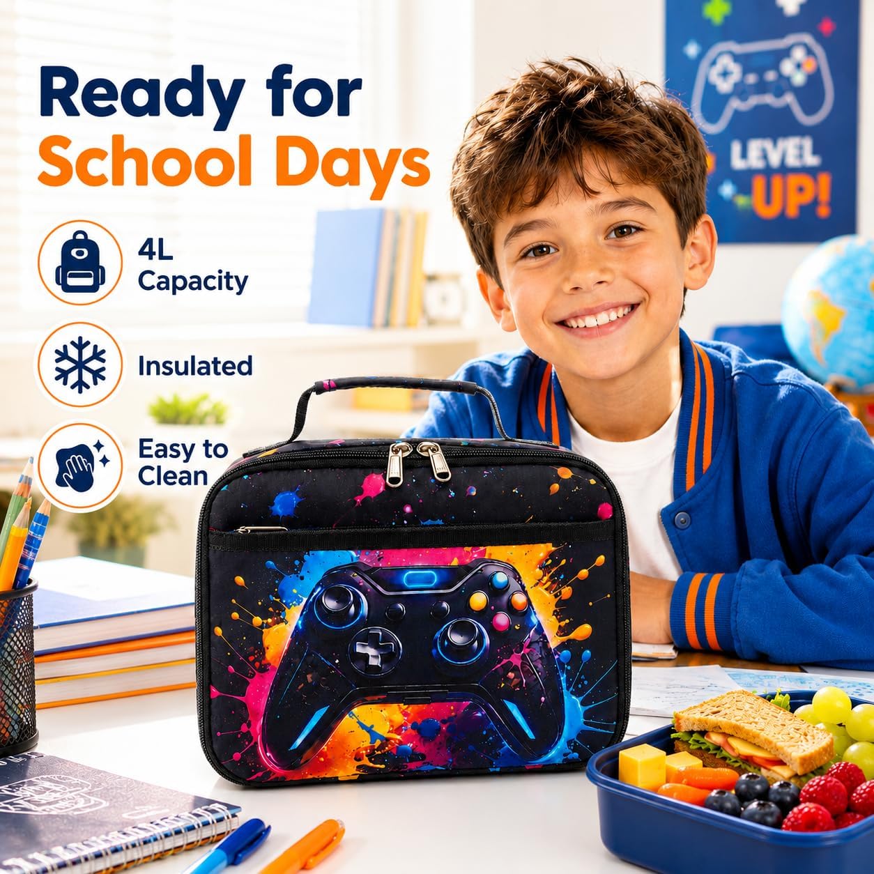 LEDAOU Lunch Box Kids Insulated Lunch Bag Girls Boys Toddler Reusable Lunchbox for School Picnic Hiking (Graffiti game console pattern) image 2