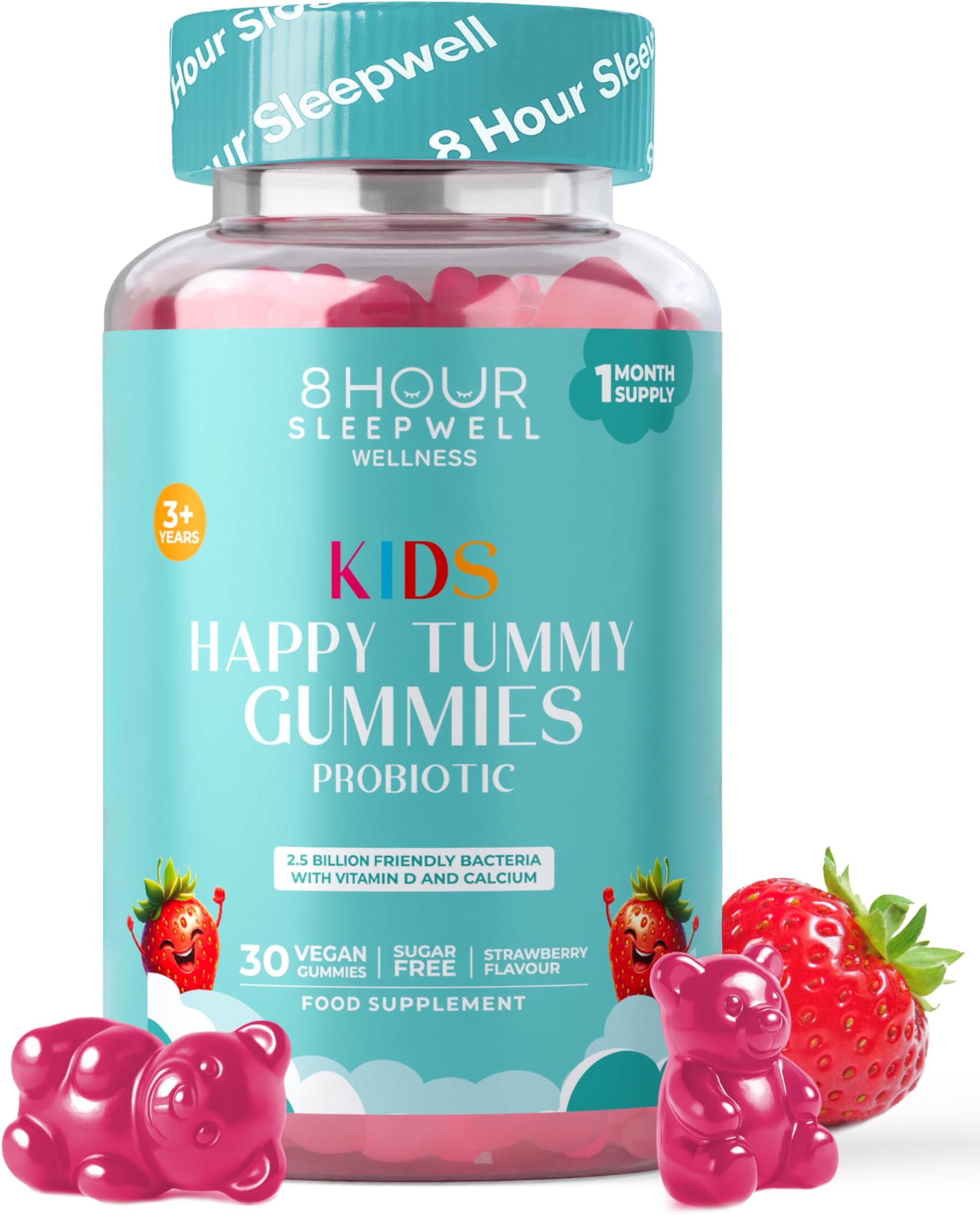 – Kids Probiotic Gummies – Vegan, Sugar & Gluten-Free – 2.5 Billion Probiotics, Vitamin D & Calcium for Gut Health, Strong Bones & Immune Support – Kids Tummy Gummies Strawberry Flavour – 1 Month Supply