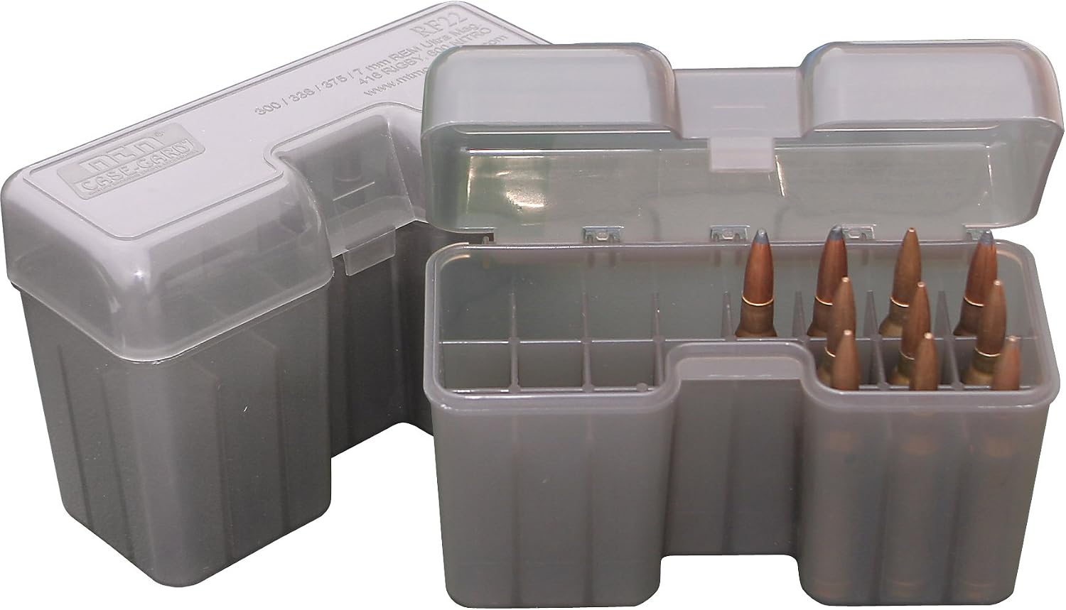 MTM RF22-LM-41 22 Round Flip-Top Rifle Ammo Box 300-375 Rem Ultra Mag, 416 Rigby, Large Mag, USA Made, Clear Smoke