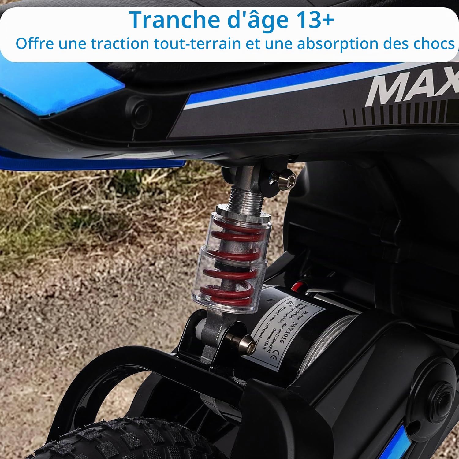Garvee Moto Électrique Enfants 12V avec Double Batterie et Moteur 250W | Motocross Électrique avec Amortisseur, Roues Résistantes, Vitesse 10-23 km/h, Charge 65 kg, pour Enfants 13+ Ans, Bleu