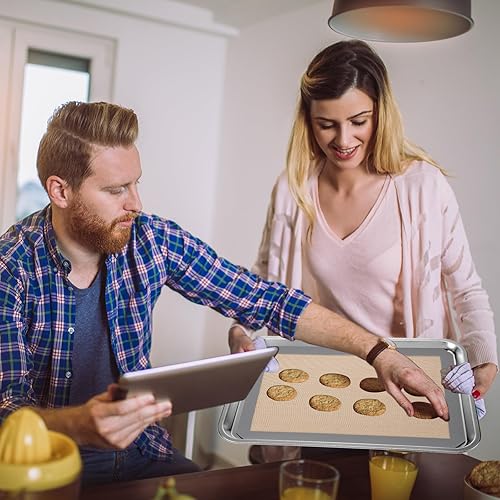 Miniatura 5 de Nosiny Juego de 4 bandejas para hornear con alfombrilla de silicona, 6 alfombrillas reutilizables, de acero inoxidable, bandeja para hornear con