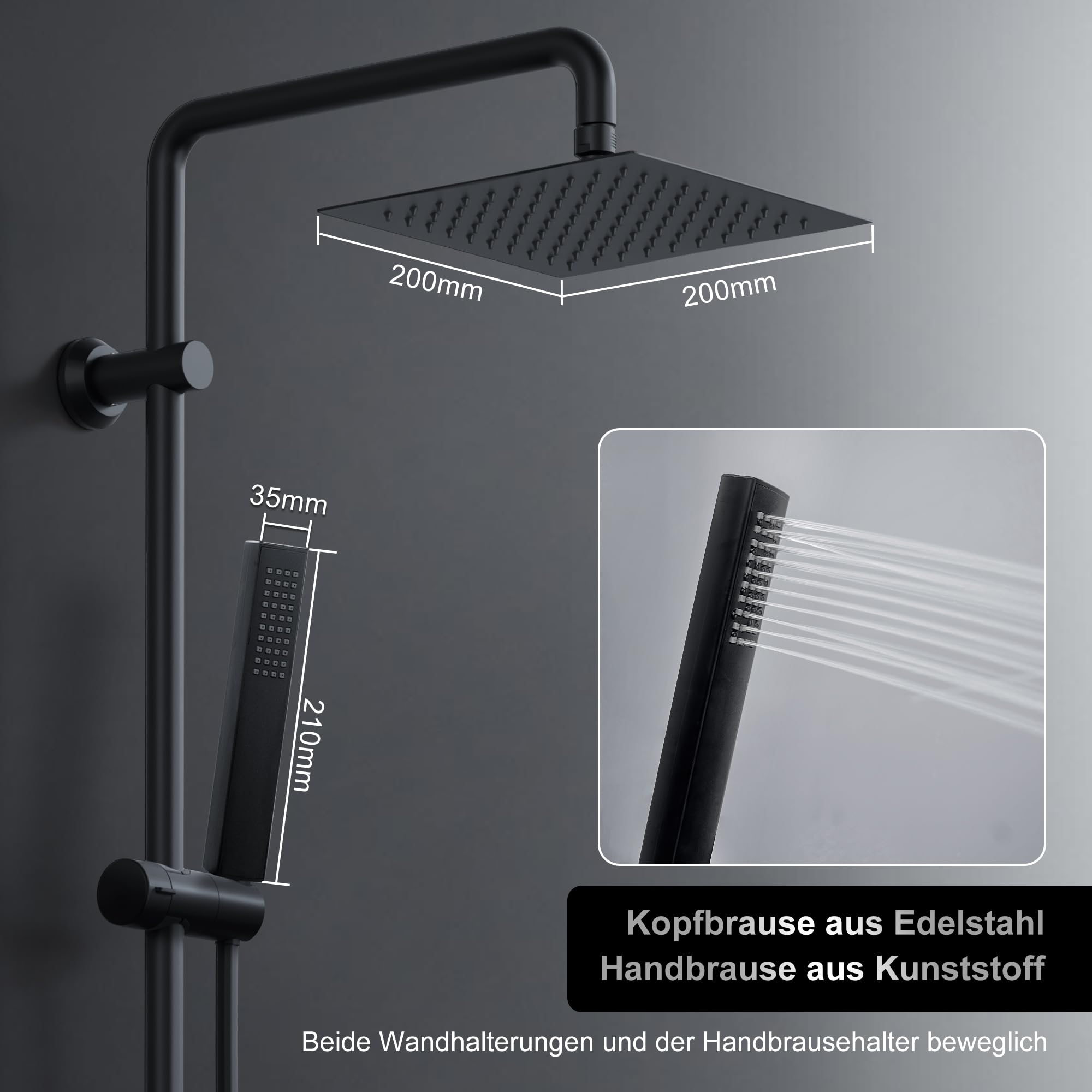 Görbach Deszczownica system prysznicowy bez armatury, zestaw prysznicowy ze stali nierdzewnej z drążkiem prysznicowym 92 cm, kwadratowa głowica prysznicowa 20 x 20 cm, czarna
