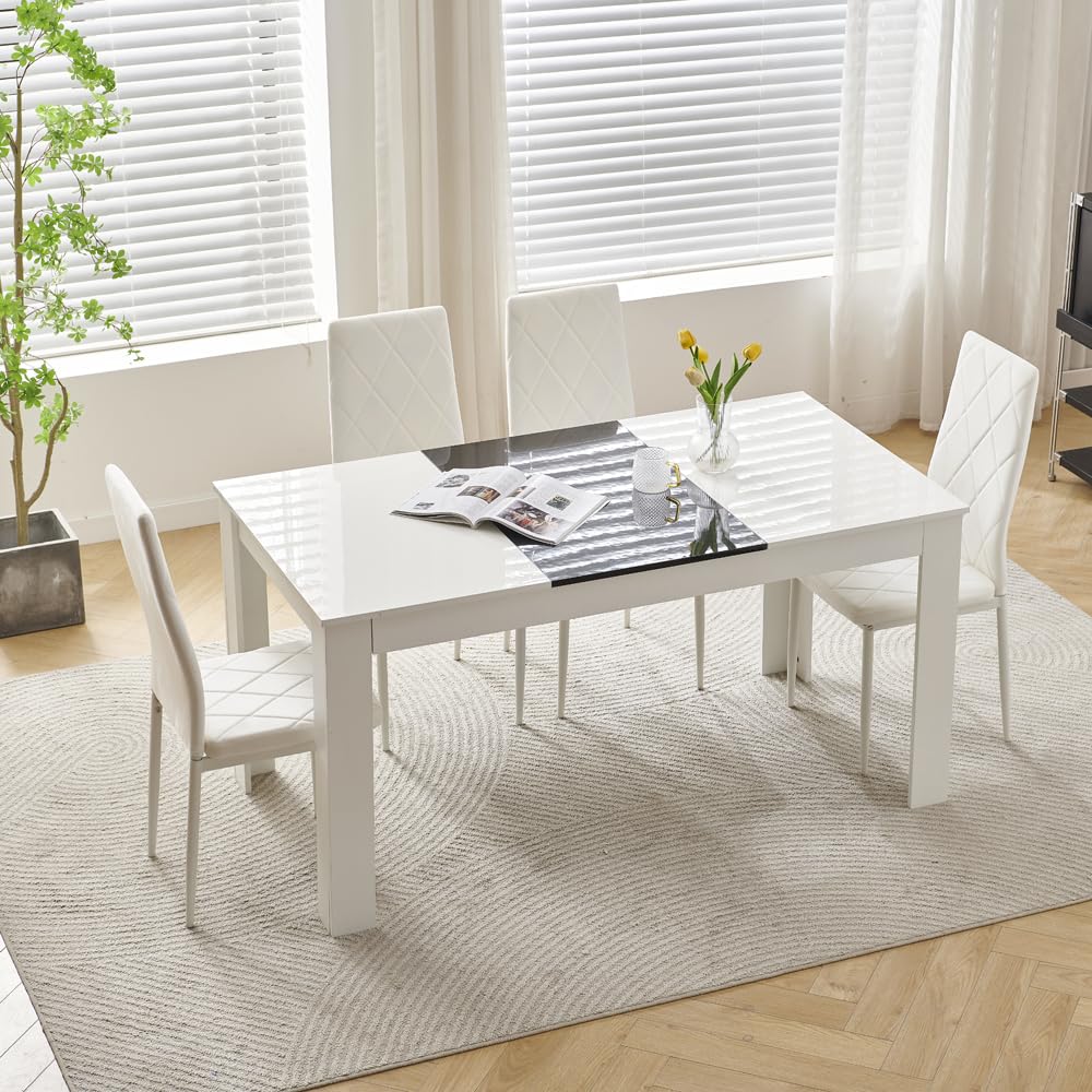 Modern Small Wood Dining Room Table and Chairs Set of 4 for Small Space, 5pcs 120cm Kitchen Table with 4 Seats Chairs Set for Restaurant Dinette (4 White Velvet Argyle Grid Chairs, 150cm table)