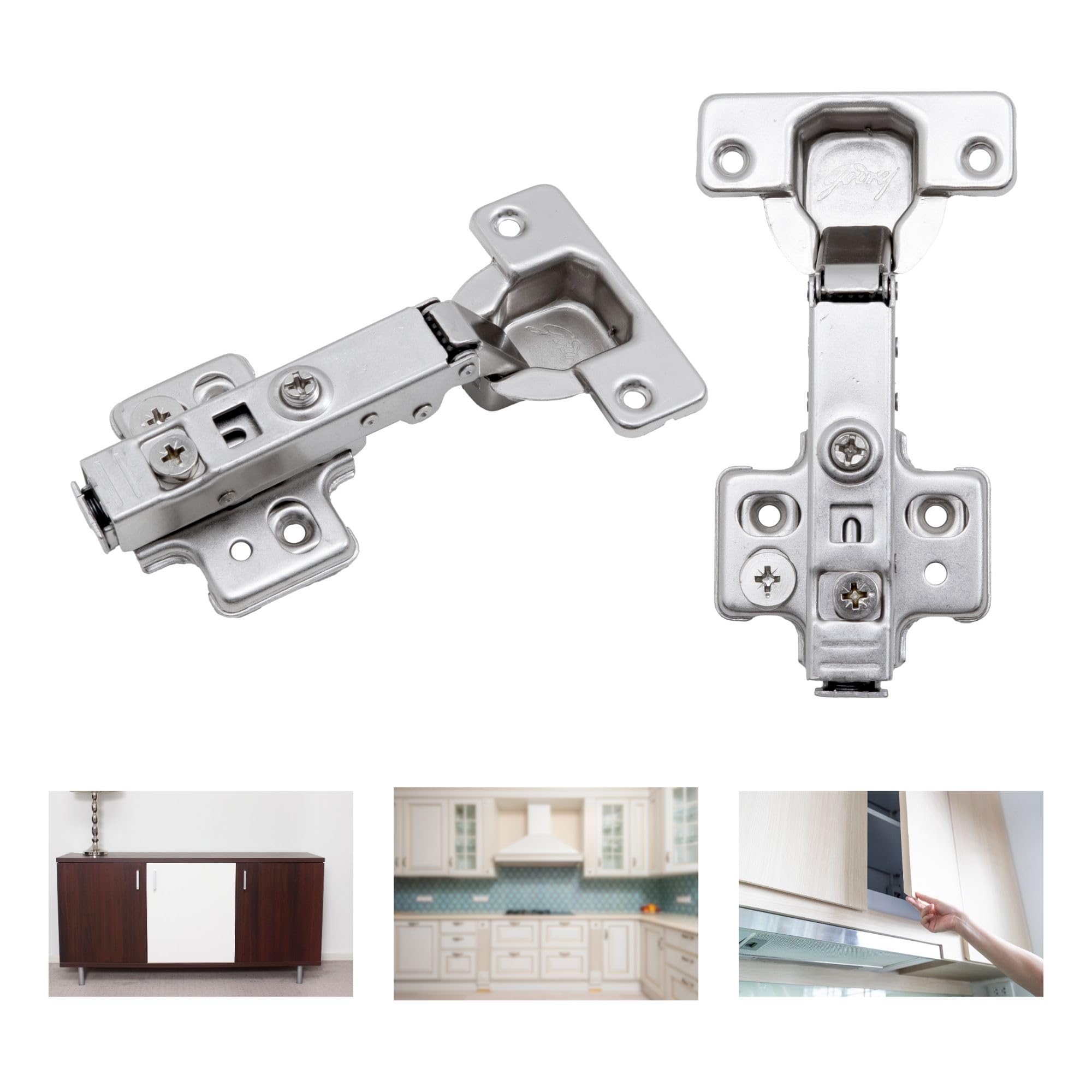 Godrej Cabinet Hinges | Soft Close | Clip On 3D | 4 Hole Full Overlay | Suitable for 14-20 mm Thick Panel | 105° Opening | Wardrobe, Kitchen, Bathroom | 1 Year Warranty — Amazon image 2