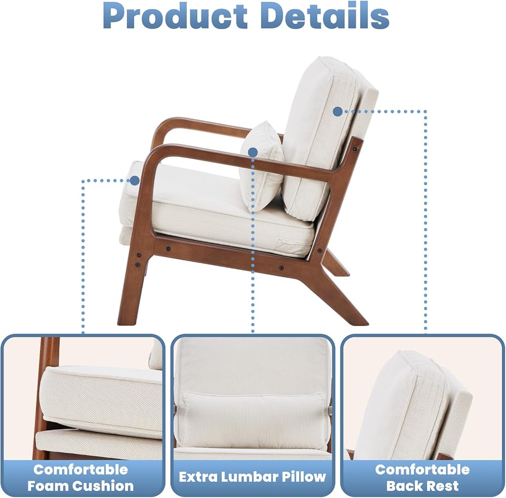 DUMOS Accent Chair Mid Century Modern Chair with Arms and Waist Cushion, Reading Chairs for Adults with Solid Frame, Lounge Side Sitting Armchair for Living Room, Bedroom, Balcony, Cream