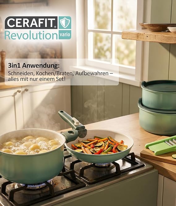 Genius Cerafit Revolution Vario Pan Set Cookware Set 27 Pieces Ceramic Coating Removable Handles Pot Sets Suitable for Induction Oven-Safe up to 250 °C PFAS-Free