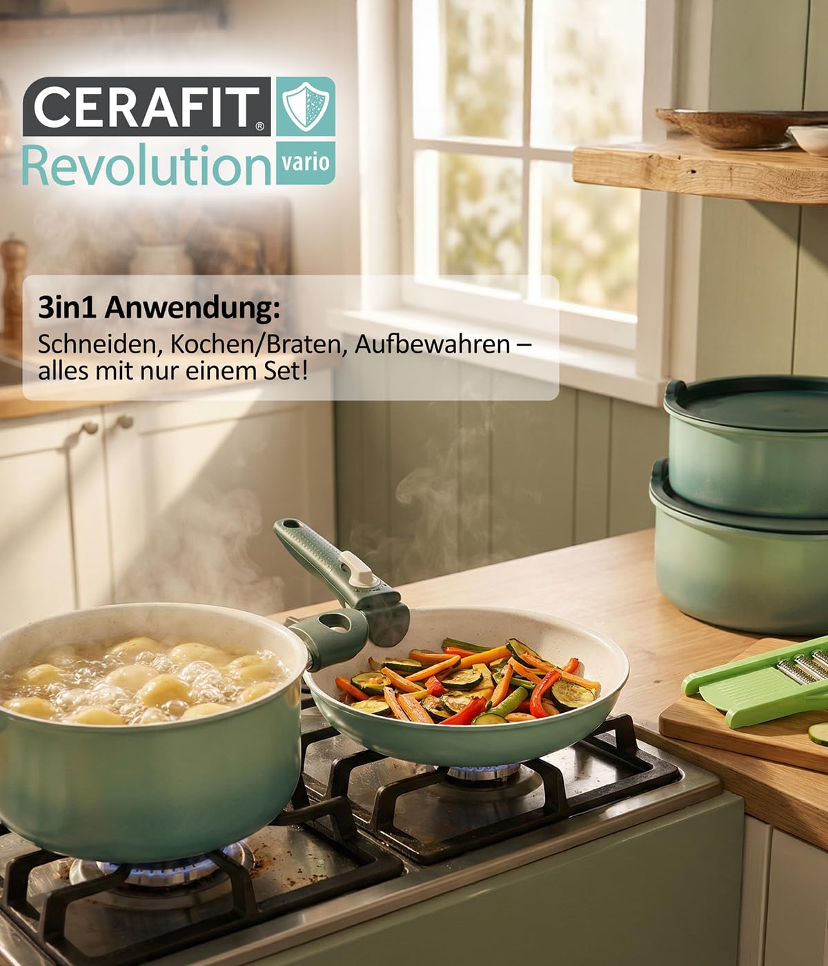 Genius Cerafit Revolution Vario Pfannenset Kochgeschirr Set 27-tlg., Keramikbeschichtung, abnehmbare Griffe, Topfsets, Induktion geeignet, backofenfest bis 250 °C, PFAS-frei