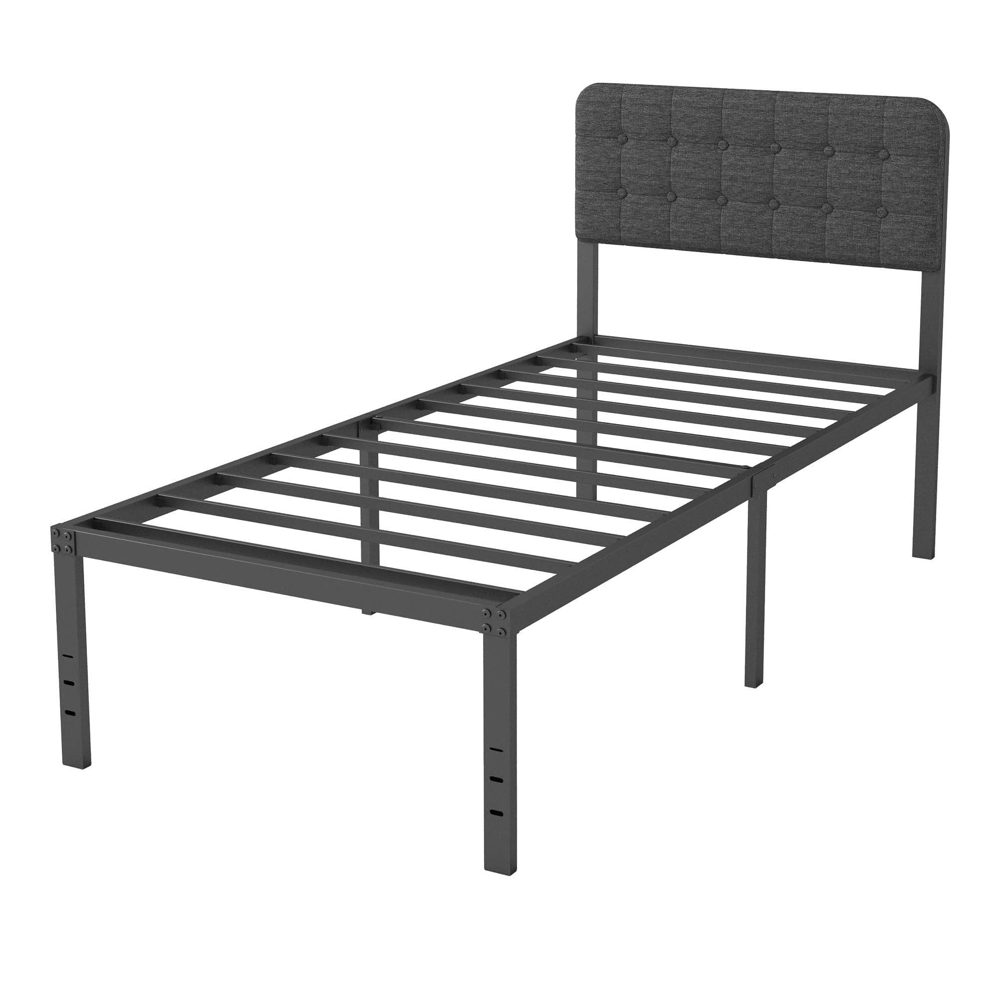 Cama 90x190 con Cabecero Tapizado Curvo, Somier de Metal con Lamas de Acero, Altura 46 cm, Almacenamiento, Negro