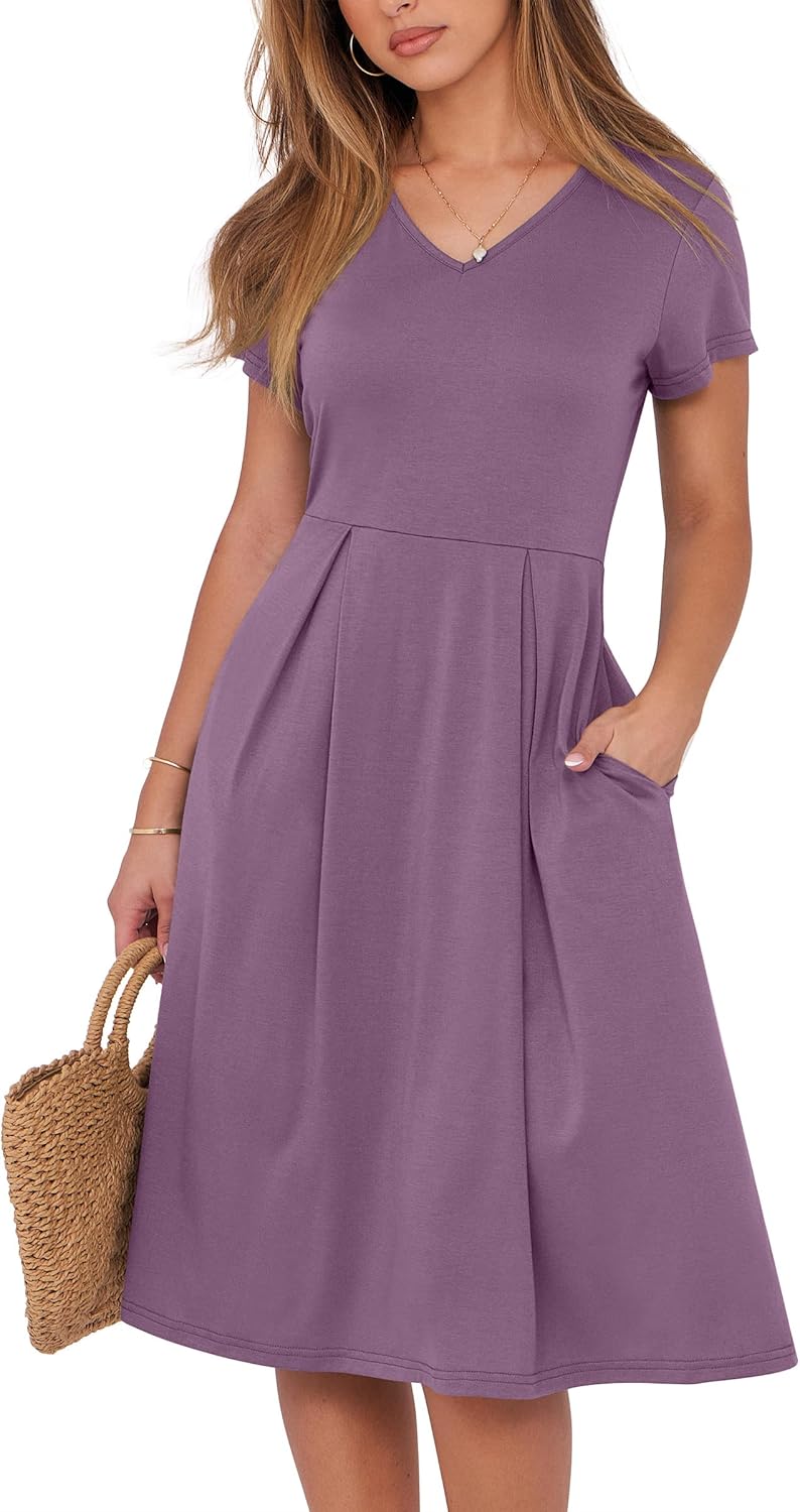 ANRABESS Women Summer Dress Casual Short Sleeve V Neck A-Line Knee Length Pleated Flowy 2025 Fashion Midi Dresses with Pocket