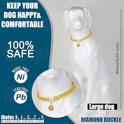 Miniatura 5 de iDofas Collar de cadena de oro para perro de 0.551in con eslabones cubanos con hebilla de diamantes de circonita cúbica brillante y hebilla chapada