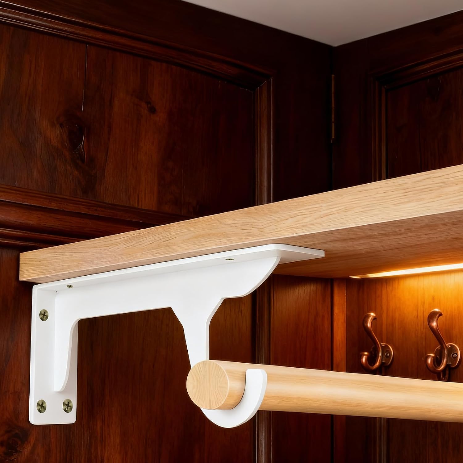TIDTALEO Closet Rod Support Brackets for Stable Support 2pcs Wall Mounted with Hooks , Cold-Rolled Steel White Multipurpose Shelf Rod Holders in Bathroom and Balcony