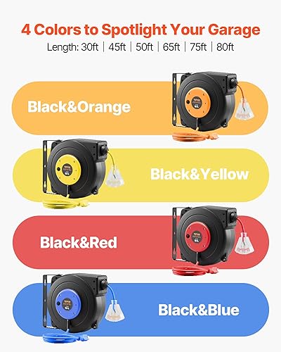 Miniatura 9 de VEVOR Retractable Extension Cord Reel, 45 FT, Heavy Duty 12AWG/3C SJTOW Power Cord, with Lighted Triple Tap Outlet, 15 Amp Circuit Breaker, 180°