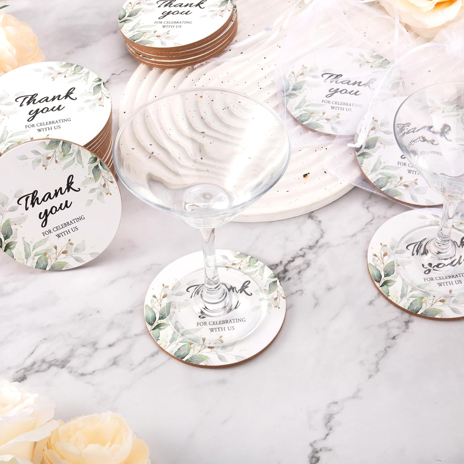 50 Set Wedding Favors for Guests Bulk - Cork Coasters Thank You for Celebrating with Us with Organza Bags, Rustic Wood Coaster Wedding Party Favors Guests Souvenirs Keepsakes for Bridal Shower Party