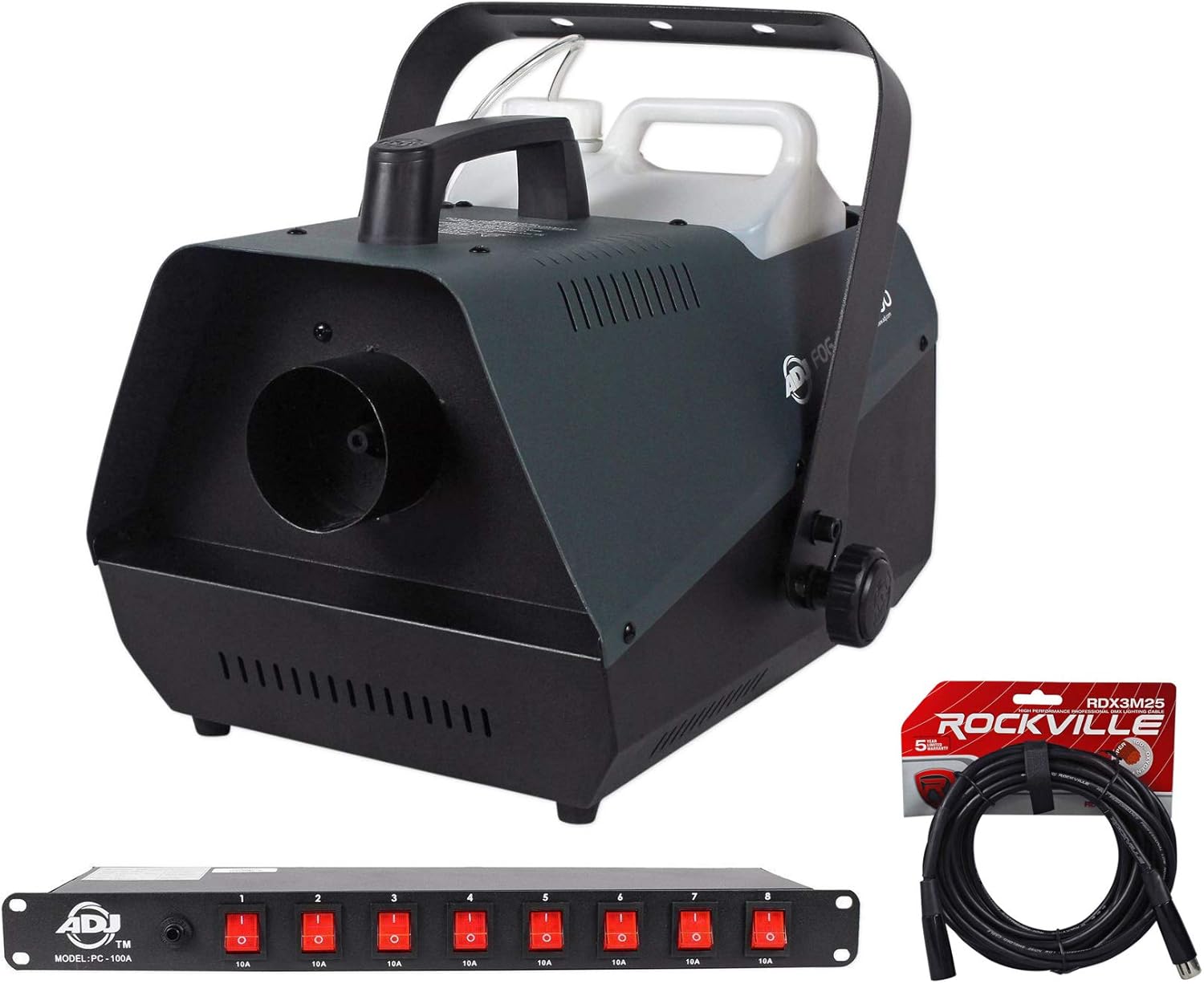 American DJ Fog Fury 3000 Watt High Output DMX Fog Machine with Wired Remote Bundle with PC-100A 8-Switch Power Strip Source & Rockville RDX3M25 DMX Lighting Cable (3 Items)