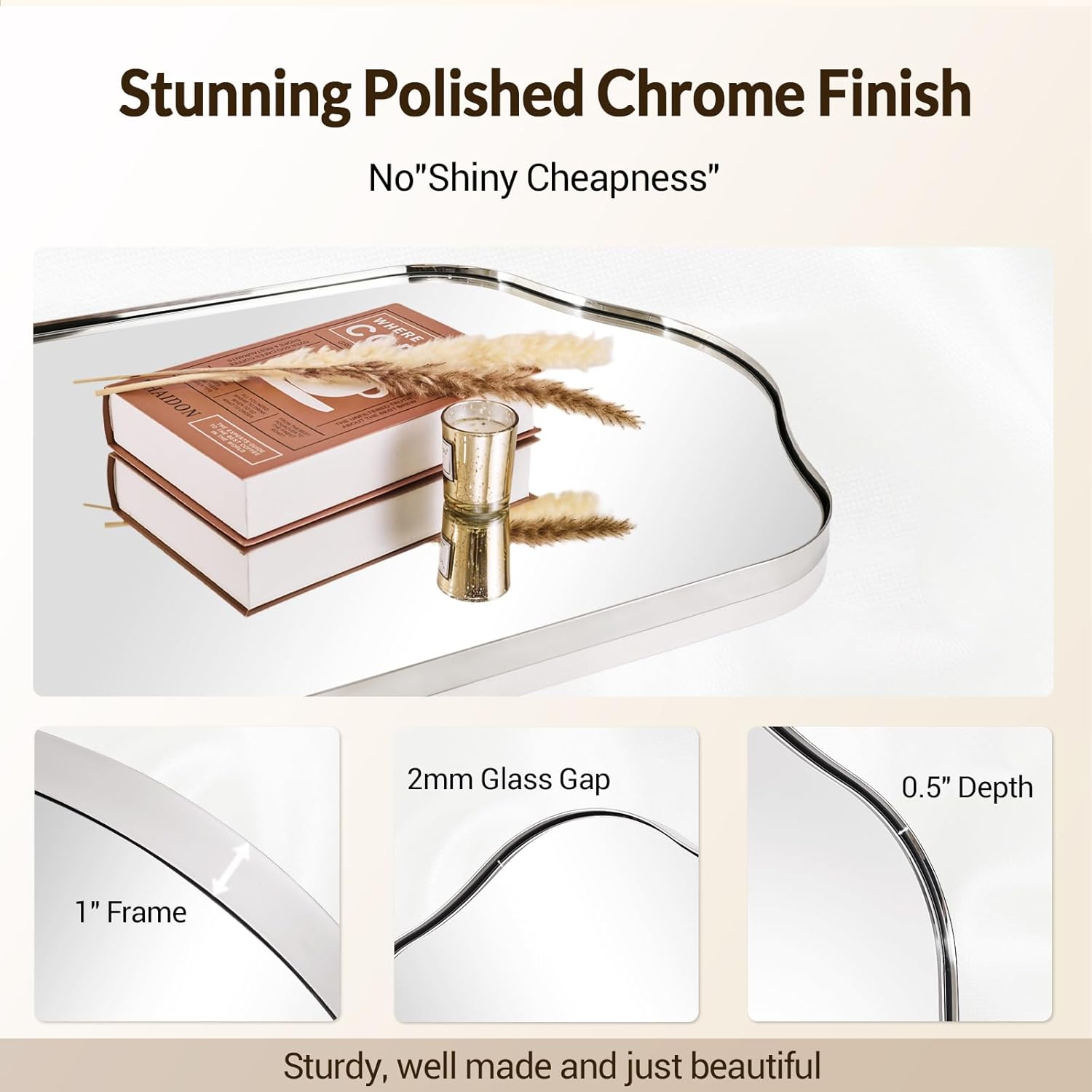 ANDY STAR Scalloped Arched Mirror, 30x40 Polished Chrome Irregular Bathroom Mirror for Vanity, Asymmetrical Curved Top with Anti-Rust Stainless Steel Frame, for Entryway, Bedroom, Mantel, Fireplace